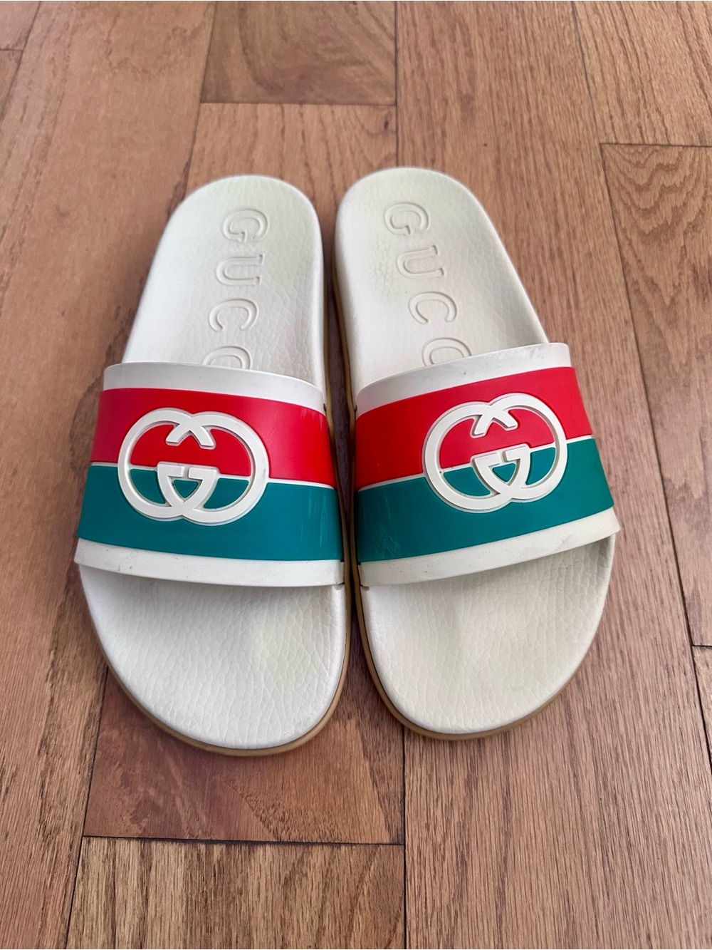 Gucci mens White Slides with Red and Green Stripe Strap